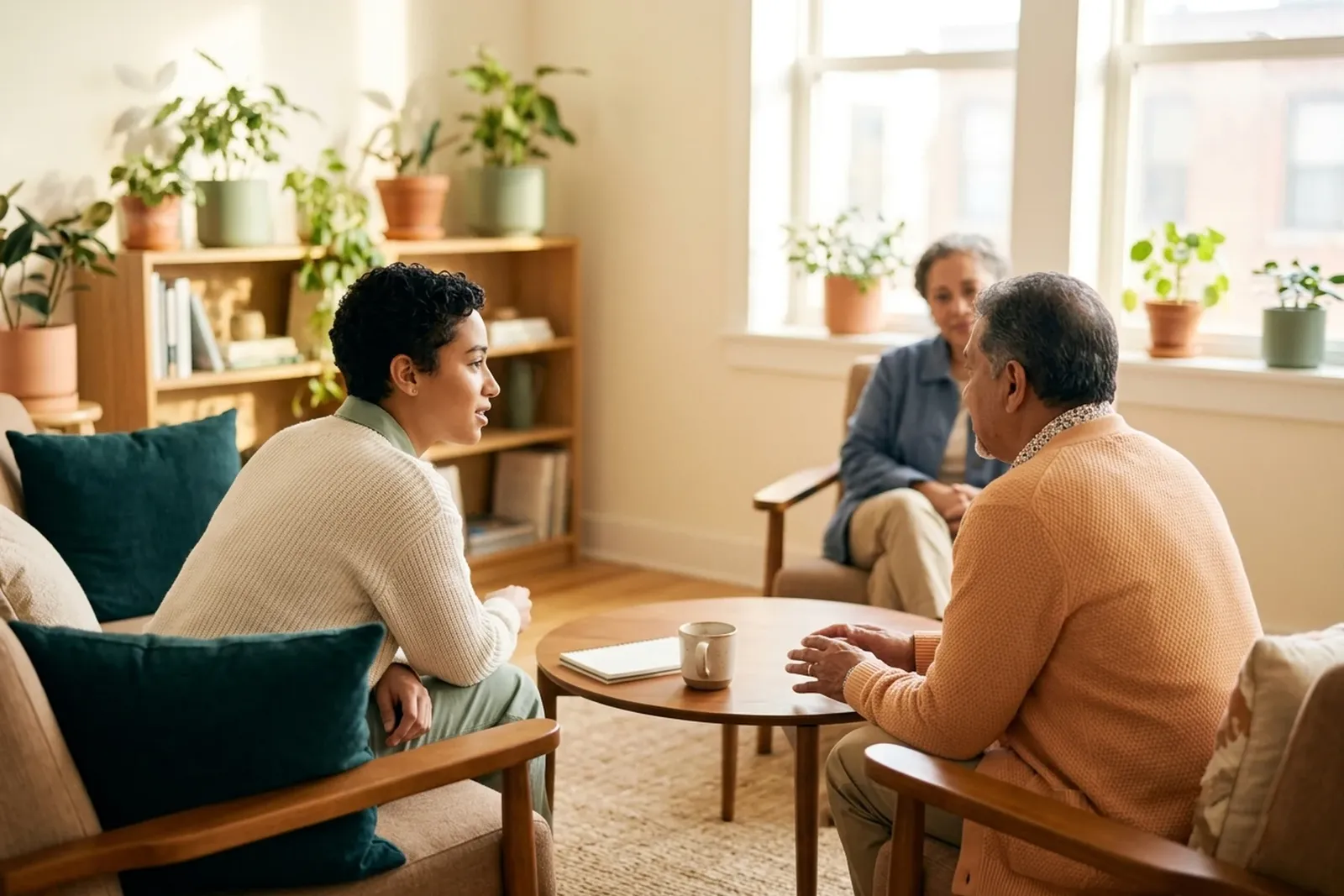 A small, supportive group in a warm, light-filled room.
