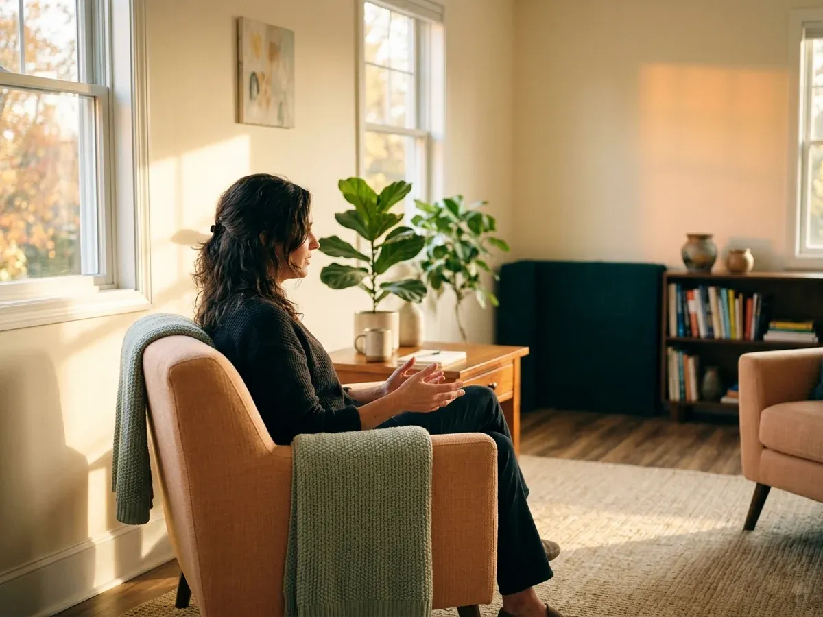 A warm, light-filled therapy session in a comfortable Arcadia setting.
