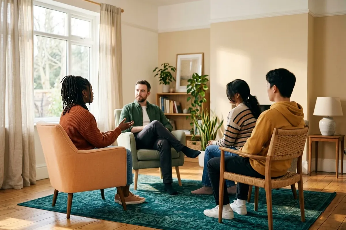 A small, supportive group in a calm, sunlit room during a daytime program.