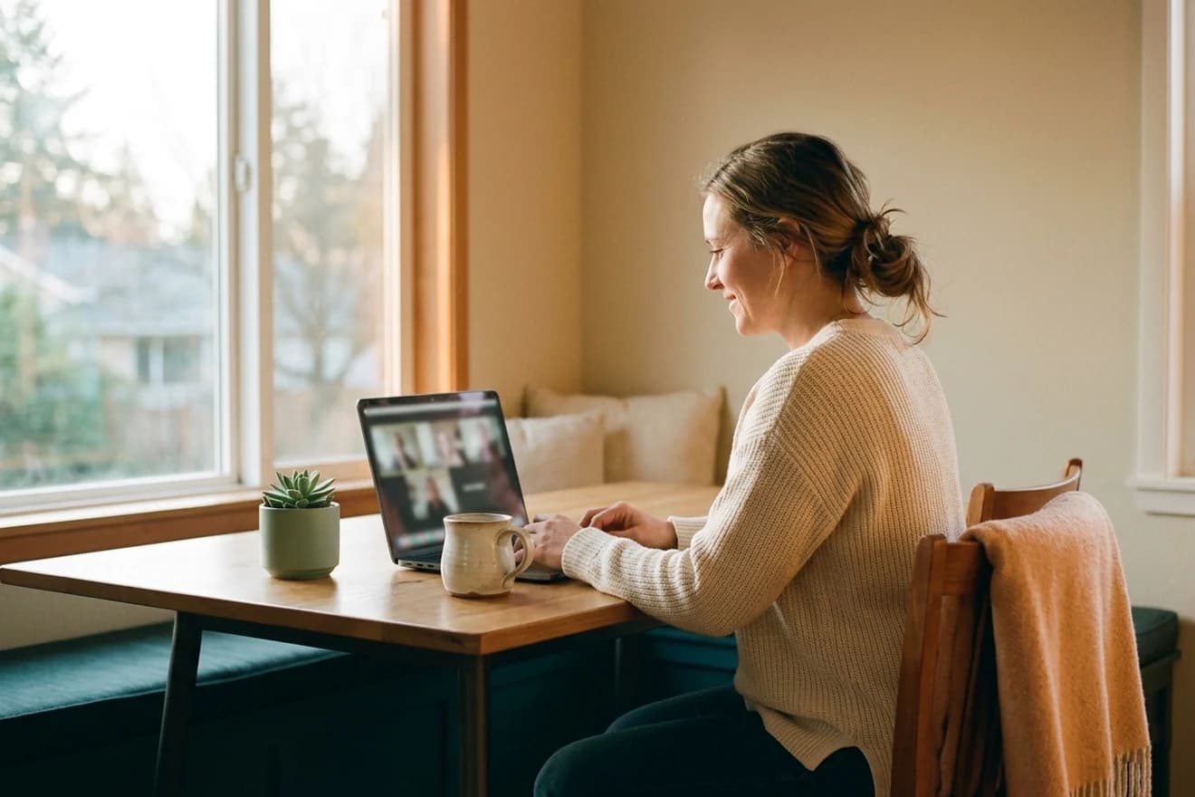 A person joining a secure telehealth session from a bright, comfortable space at home.
