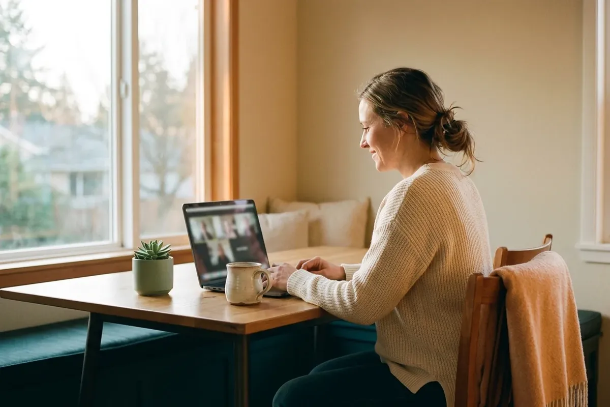 A person joining a secure telehealth session from a bright, comfortable space at home.